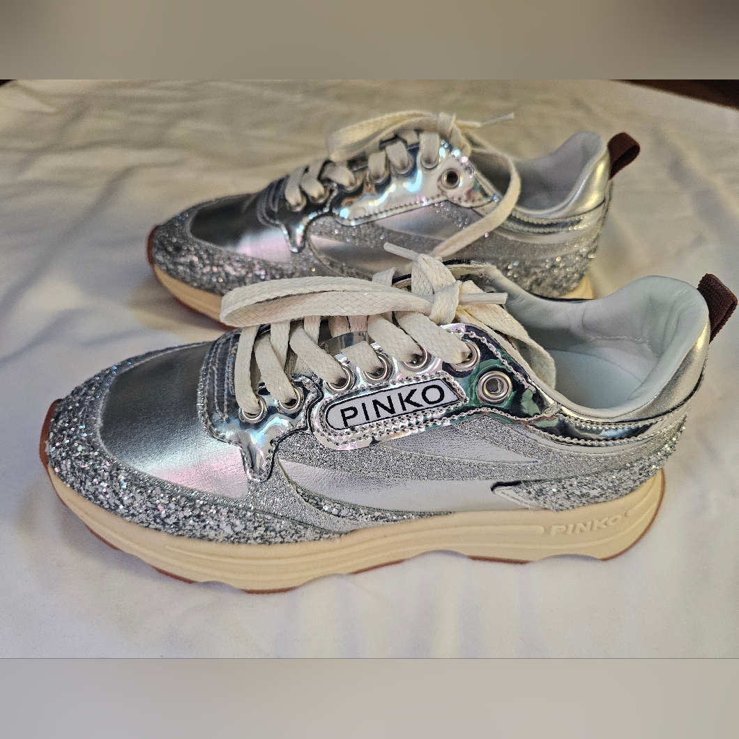 Pinko Metallic Silver Sneakers With Glitter- Italian Made- Size 36- New